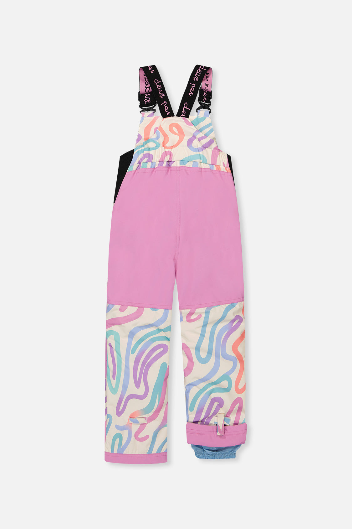 Back of the multicolored line print DISCOVER bib snow pants with orchid pink seat panel