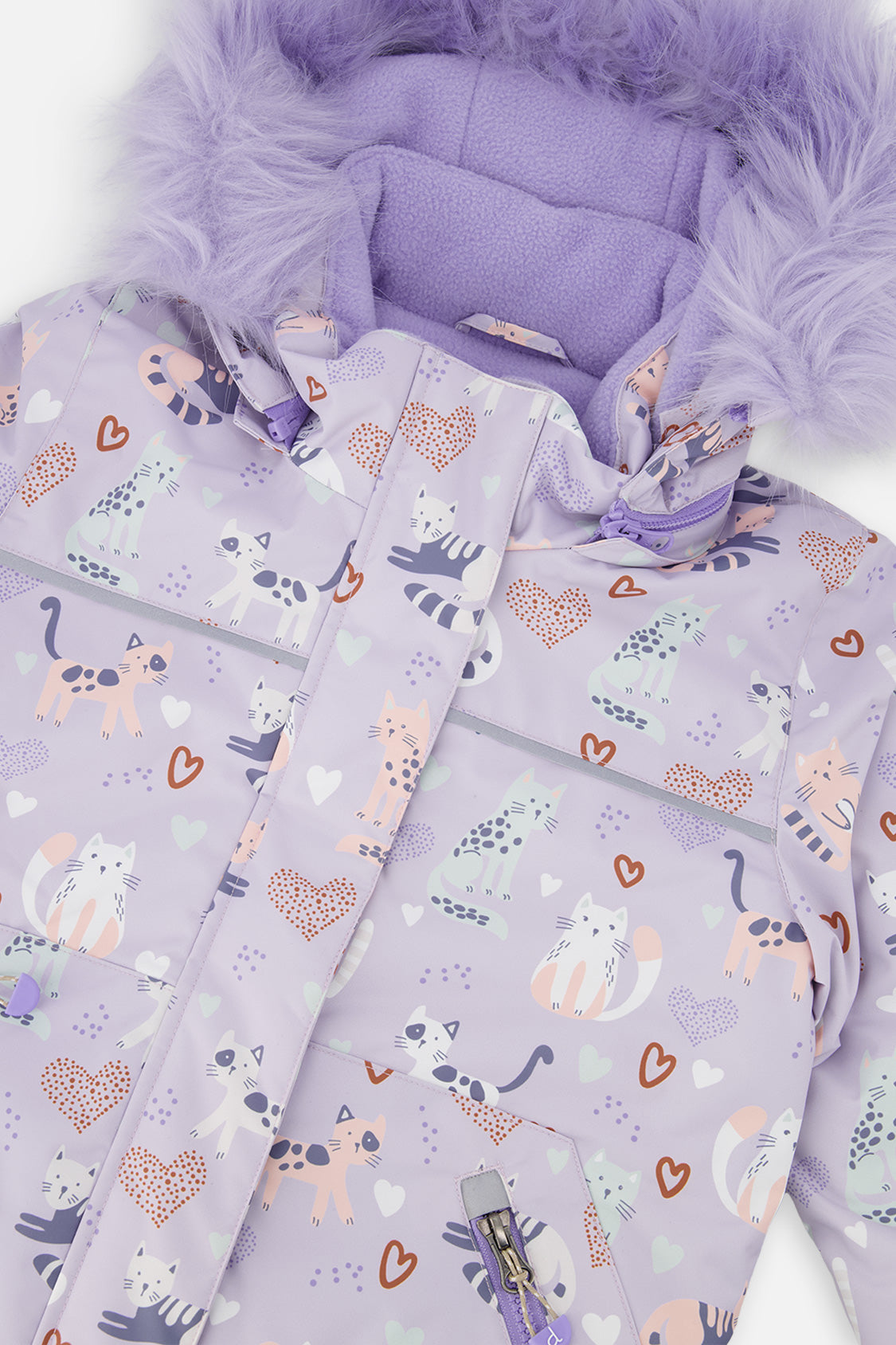 Deux par Deux DISCOVER purple cat print snowsuit, alternate view 7