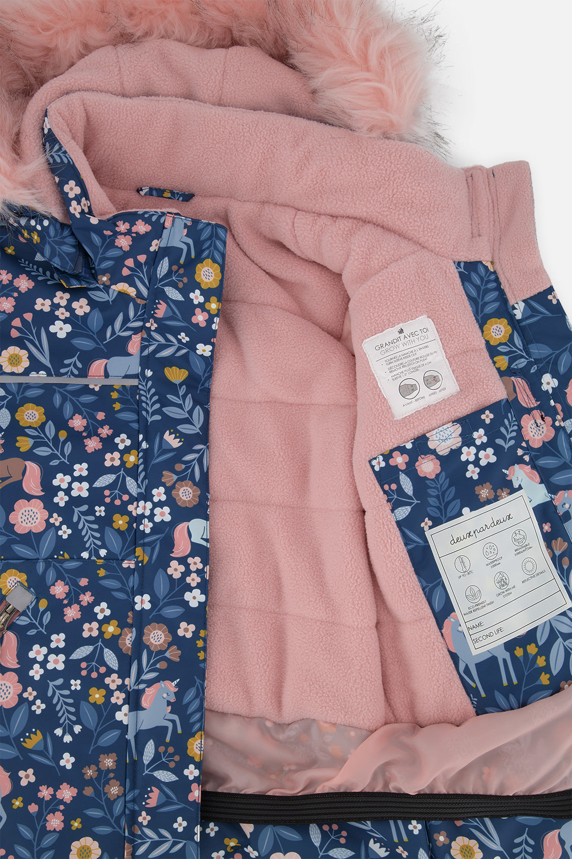 Deux par Deux girls' DISCOVER two-piece snowsuit, blue and pink unicorn print, additional studio angle