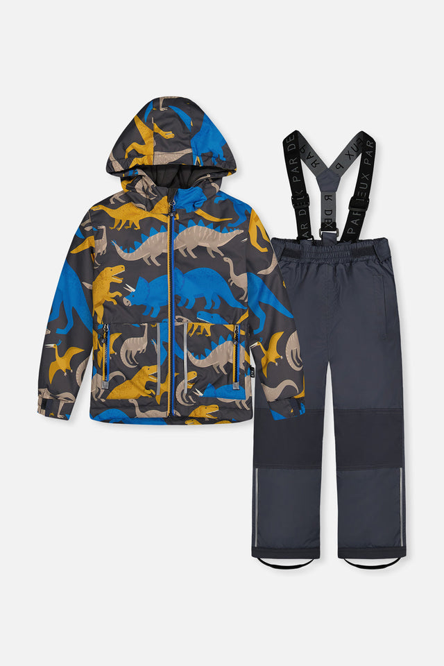 Light Weight Two Piece Chill Snowsuit Grey And Blue Dinosaur Print-0