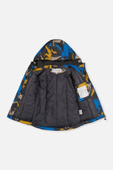Deux par Deux dinosaur-print CHILL jacket opened to show the dark lining