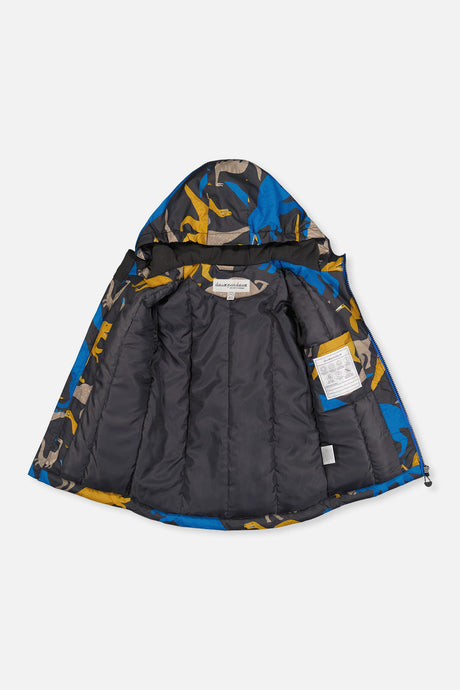 Deux par Deux dinosaur-print CHILL jacket opened to show the dark lining
