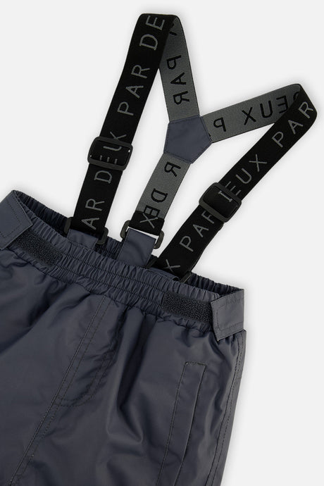 Close-up of the charcoal CHILL snow pants waist and Deux par Deux logo suspenders
