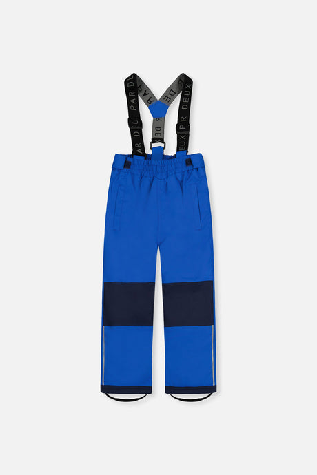 Deux par Deux royal blue CHILL snow pants with suspenders and navy knee panels, front view