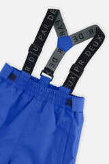Close-up of the royal blue CHILL snow pants waist and Deux par Deux logo suspenders