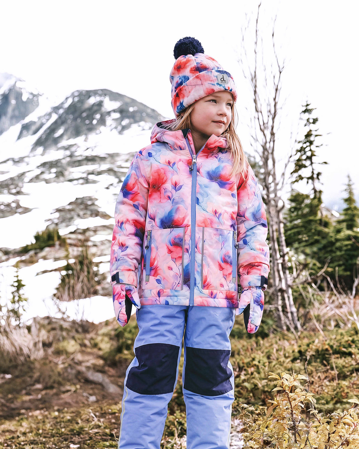 Deux par Deux Light Weight Two Piece Chill Snowsuit Mauve Printed Flowers lifestyle view