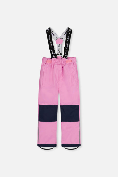 Deux par Deux pink CHILL snow pants with suspenders and navy knee panels, front view