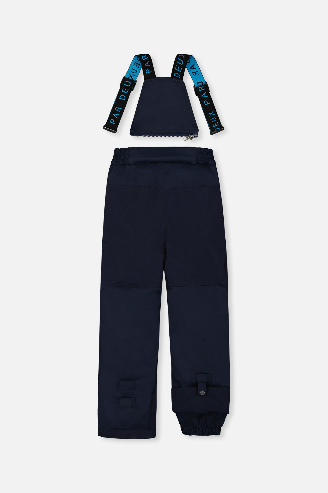 Deux par Deux boys PLAY snowsuit, light and dark blue – navy snow pants, back view with suspenders off
