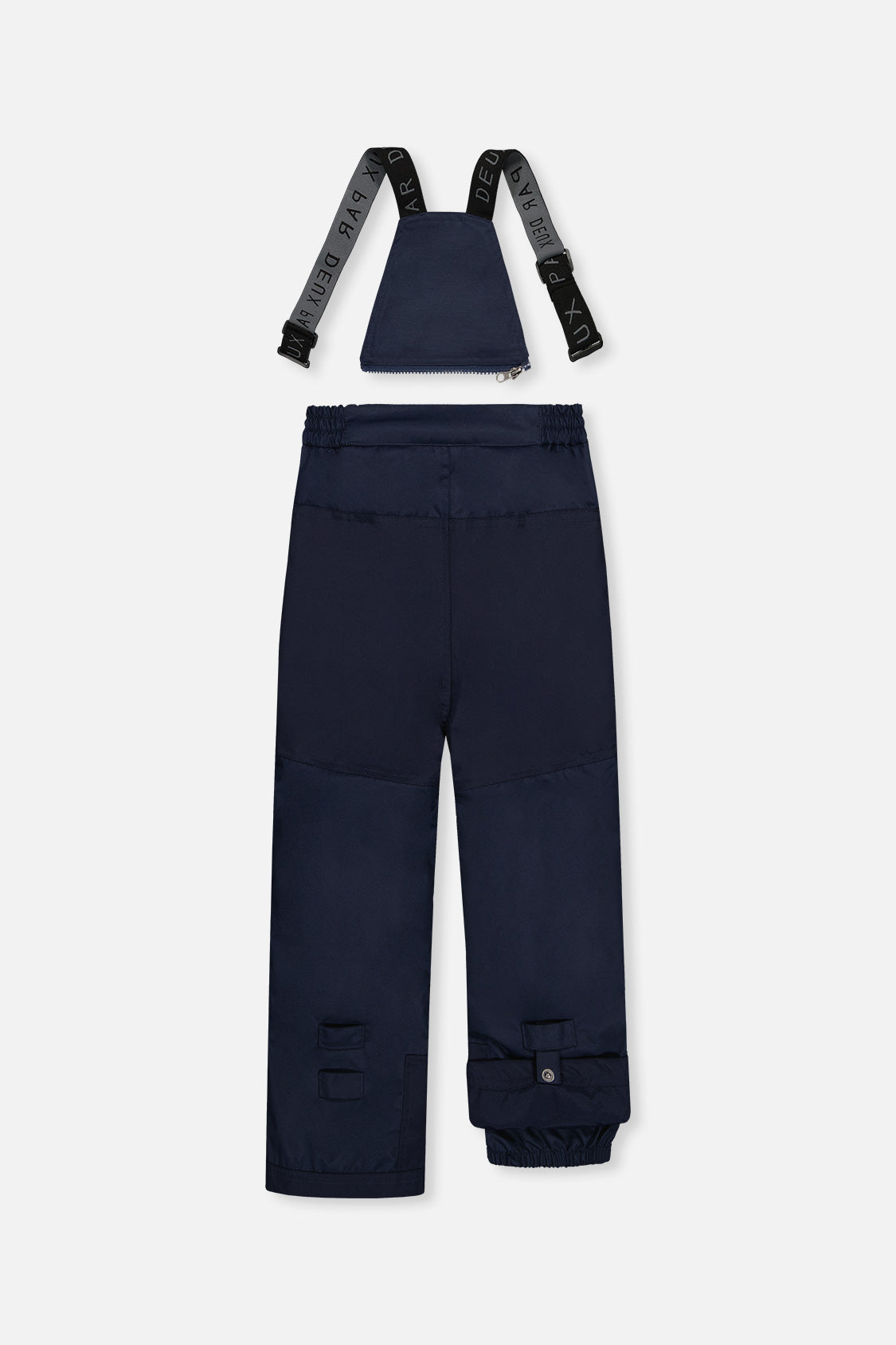 Deux par Deux boys PLAY snowsuit, navy and burgundy – navy snow pants, back view with suspenders off