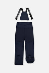 Deux par Deux boys PLAY snowsuit, navy and burgundy – navy snow pants, back view with suspenders off