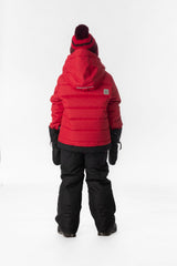 Boy in the red and black Deux par Deux PLAY snowsuit, back view
