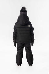 Boy in the all-black Deux par Deux PLAY snowsuit, back view