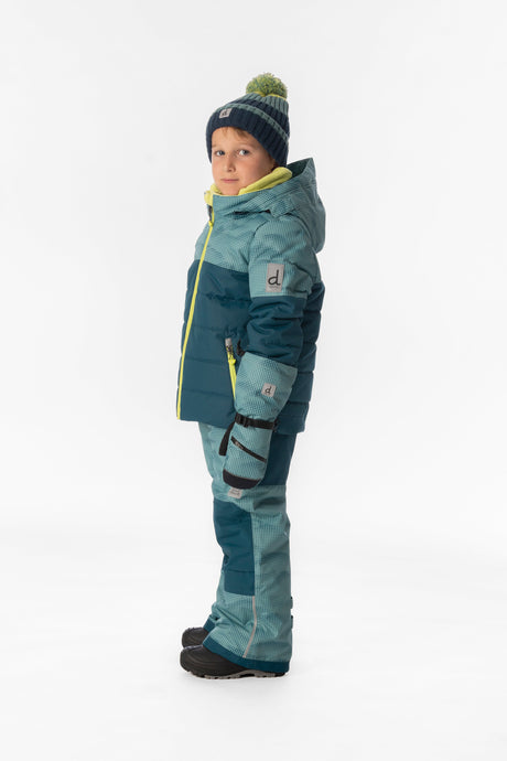 Child wearing the greyish blue and navy Deux par Deux PLAY snowsuit, side view