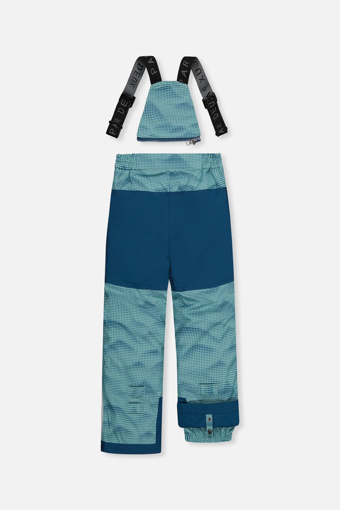Deux par Deux PLAY greyish blue snow pants with navy panels, back view