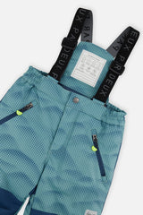 Close-up of the Deux par Deux greyish blue PLAY snow pants suspenders and zippered pockets