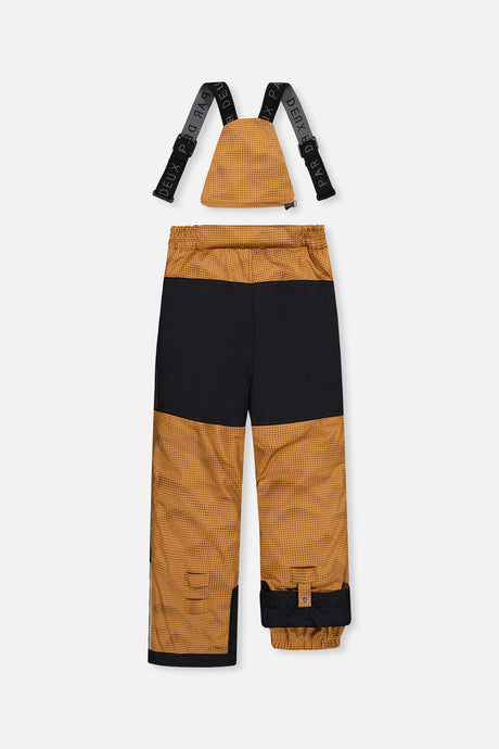 Deux par Deux boys PLAY snowsuit, brown and black – brown and black snow pants, back view with suspenders off