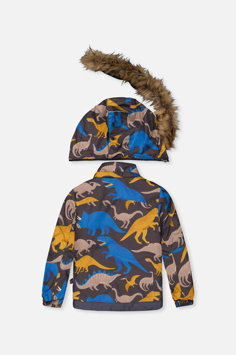 Deux par Deux dinosaur-print PLAY jacket, back view with faux-fur hood detached