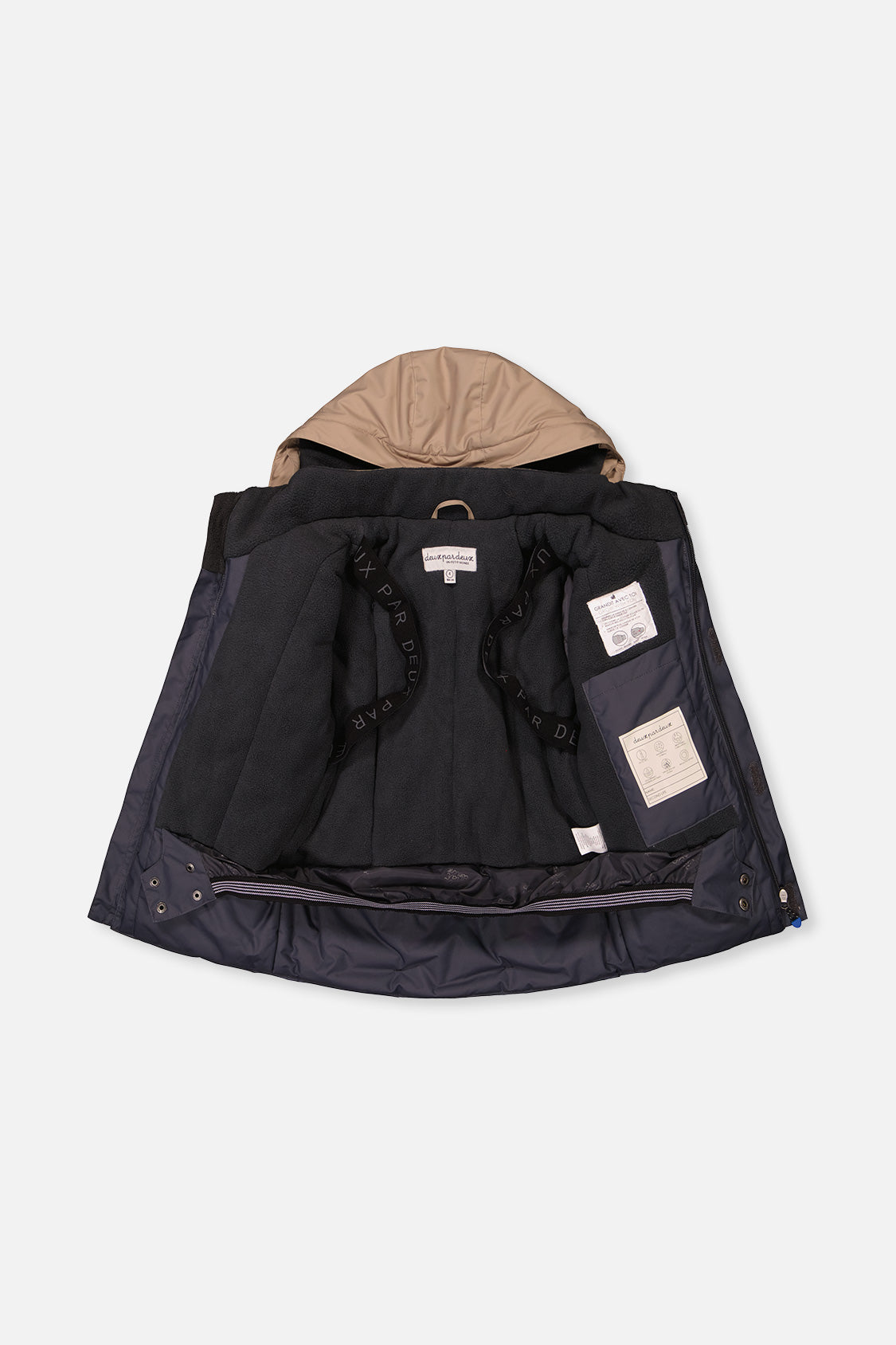 Deux par Deux boys' PLAY snowsuit with colorblock jacket and grey and blue dinosaur-print pants, additional product view