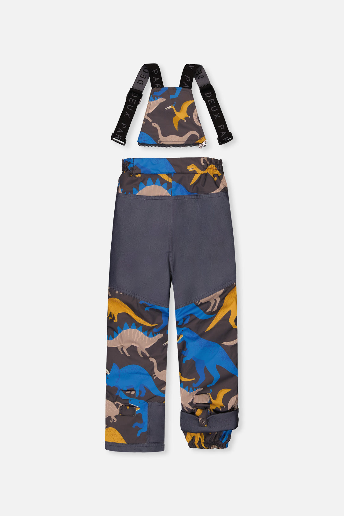 Deux par Deux boys' PLAY snowsuit with colorblock jacket and grey and blue dinosaur-print pants, additional product view