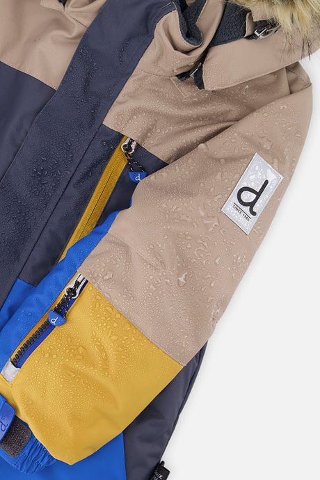 Deux par Deux boys' PLAY snowsuit with colorblock jacket and grey and blue dinosaur-print pants, additional product view