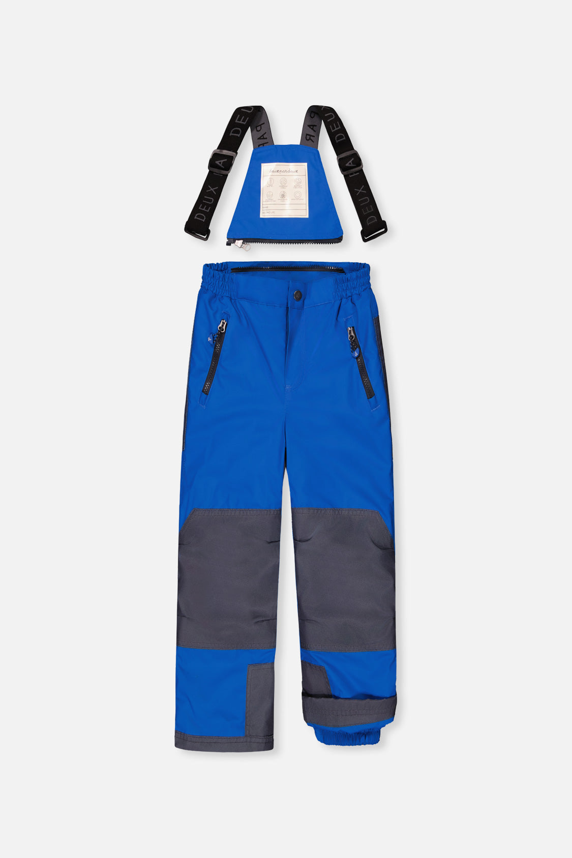 Deux par Deux blue PLAY bib snow pants with suspenders and charcoal reinforced knees, front view