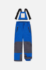 Deux par Deux blue PLAY bib snow pants with suspenders and charcoal reinforced knees, front view
