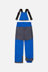 Deux par Deux blue PLAY bib snow pants with charcoal reinforced seat, back view