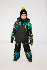 Two Piece Play Snowsuit Black Colorblock With Green Yellow And Blue Checkerboard Pants-3