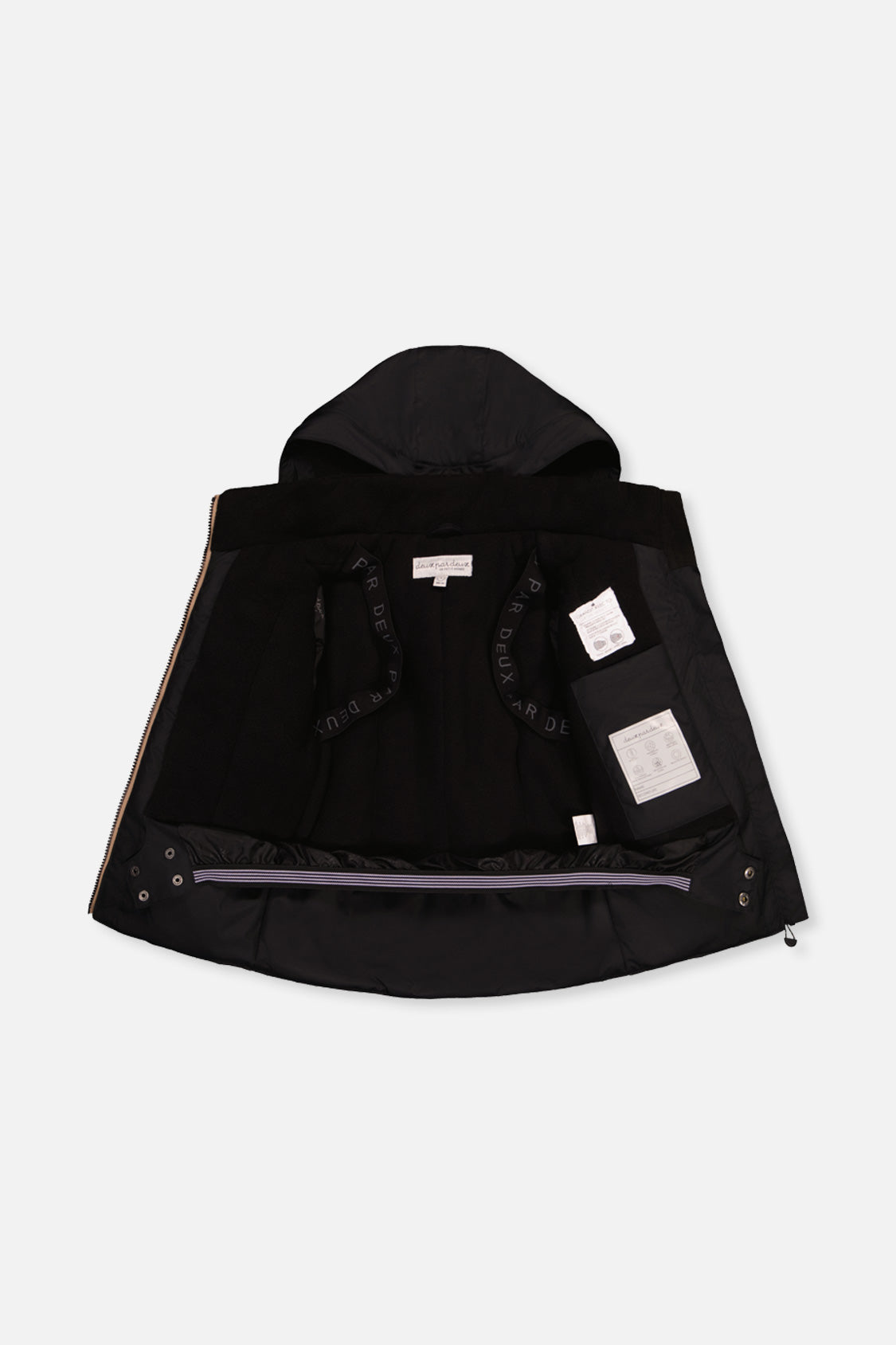 Deux par Deux black PLAY jacket opened to show the black lining and inner straps