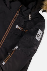 Close-up of the black PLAY jacket front zipper, chest pocket and sleeve logo patch