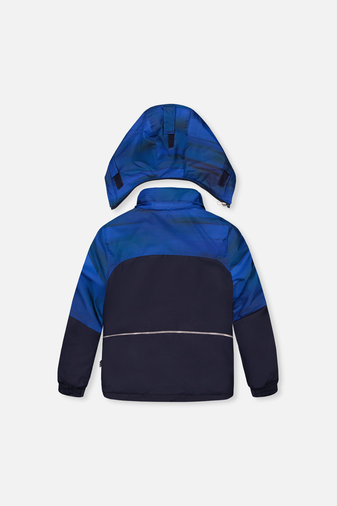 Back view of the navy and blue PLAY jacket with hood