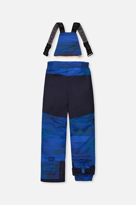 Back view of the blue snow bib pants with navy reinforced seat