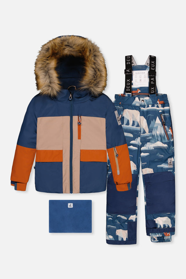 Two Piece Play Snowsuit Navy And Rust Colorblock With Blue Bear Print Pants-0