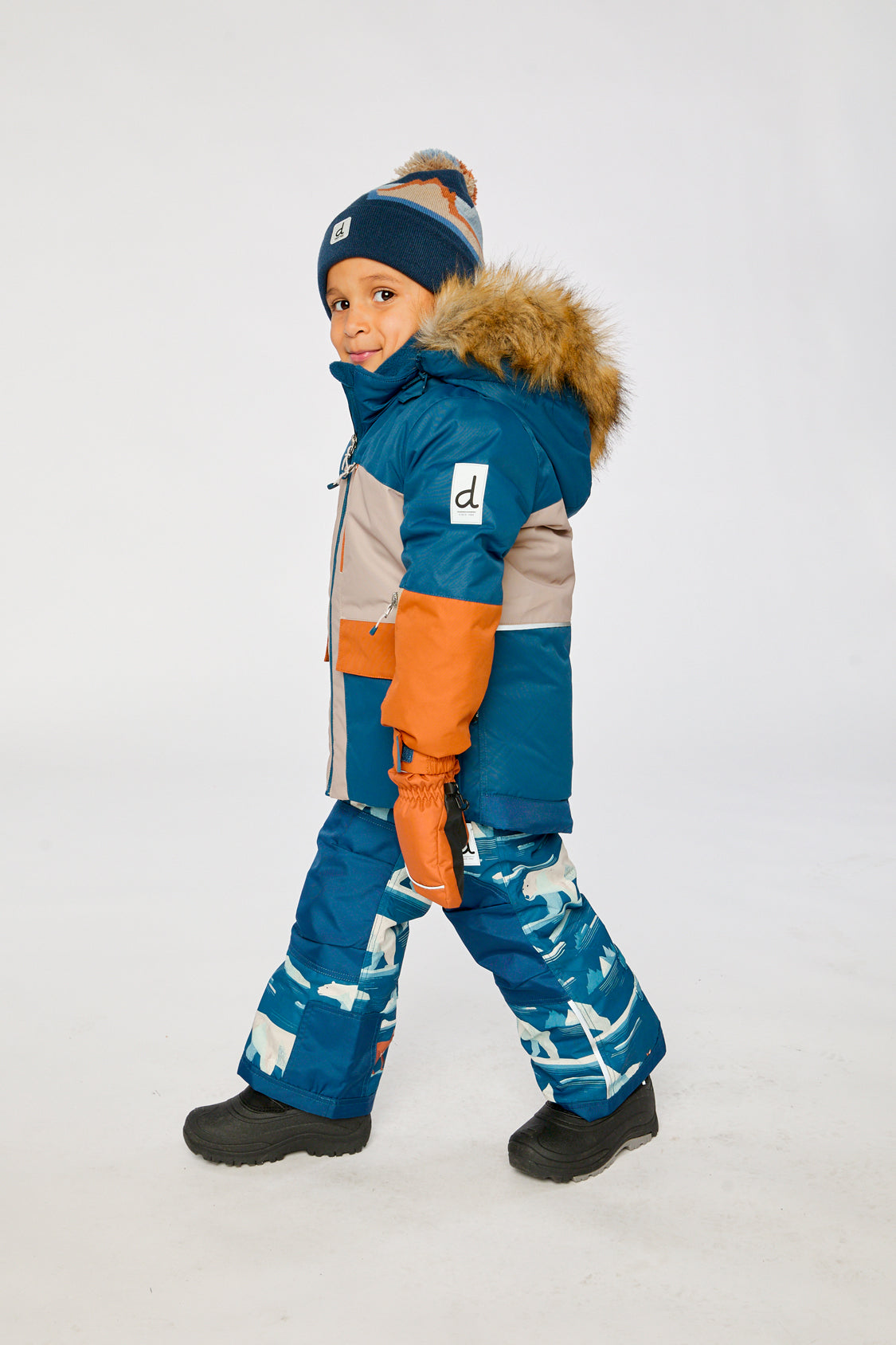 Two Piece Play Snowsuit Navy And Rust Colorblock With Blue Bear Print Pants-4