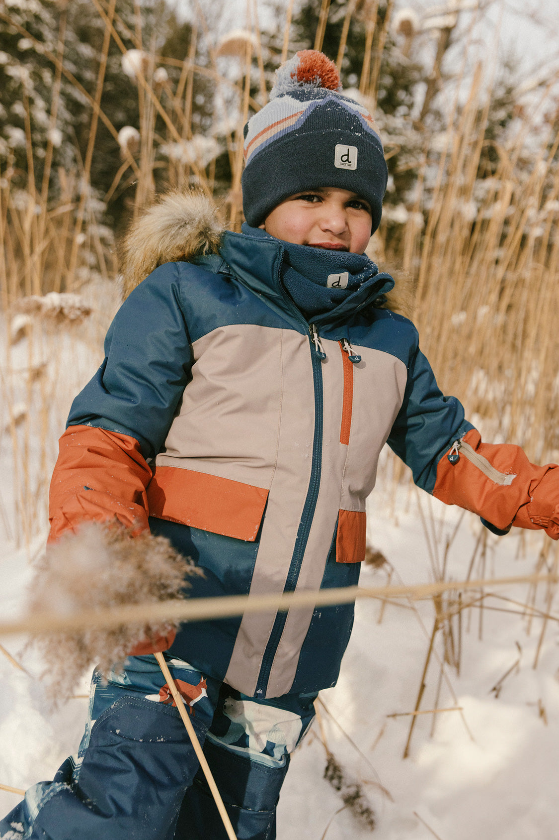 Two Piece Play Snowsuit Navy And Rust Colorblock With Blue Bear Print Pants-1