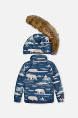 Deux par Deux Two Piece Play Snowsuit Blue Bear Print With Rust Pants - jacket back view