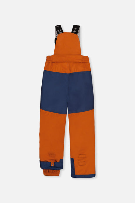 Deux par Deux boys' PLAY snowsuit with blue bear-print jacket and rust snow pants, alternate angle
