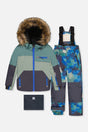 Two Piece Play Snowsuit Green And Navy Colorblock With Blue Camouflage Pants-0