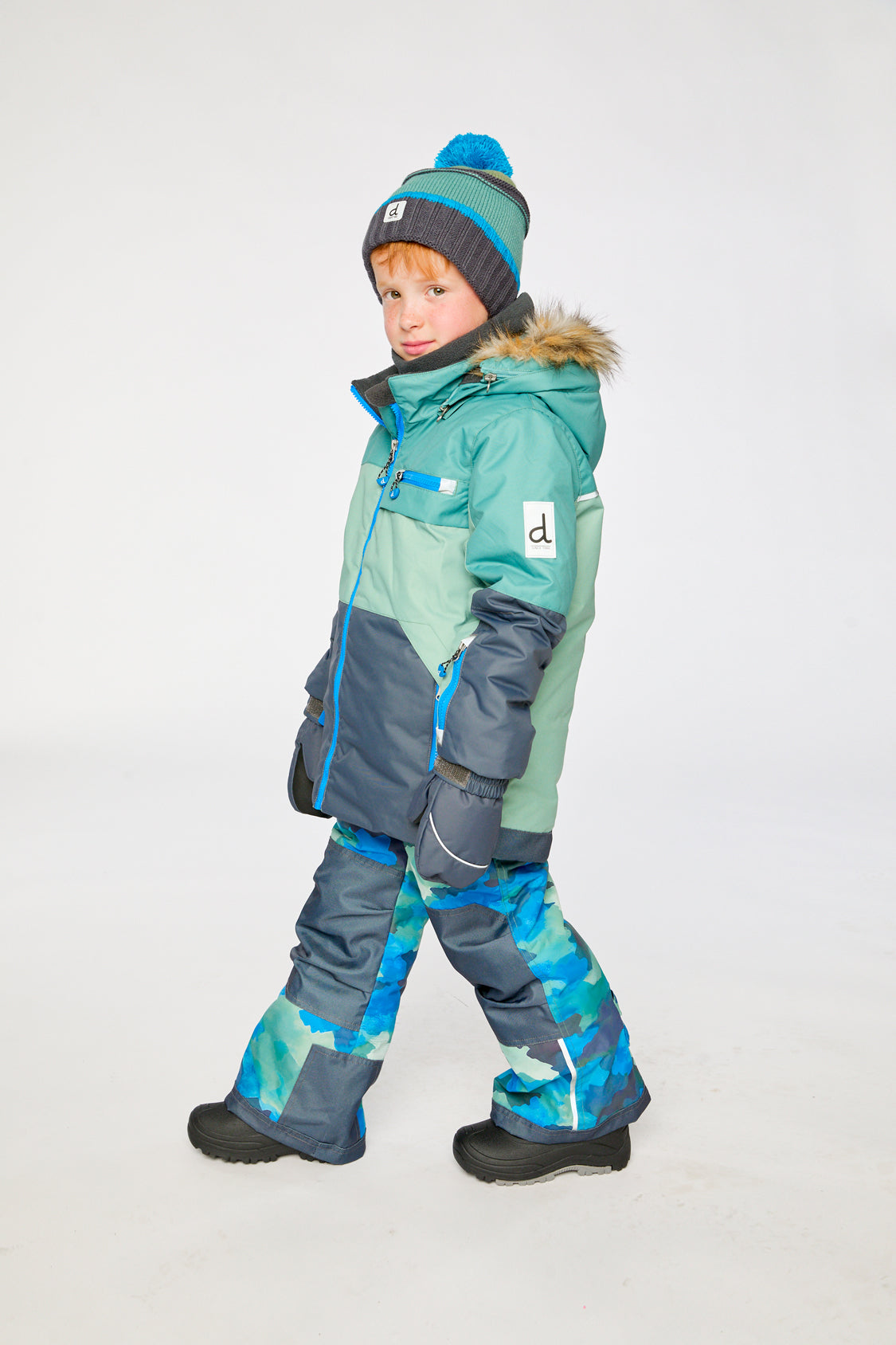 Two Piece Play Snowsuit Green And Navy Colorblock With Blue Camouflage Pants-4