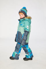 Two Piece Play Snowsuit Green And Navy Colorblock With Blue Camouflage Pants-4