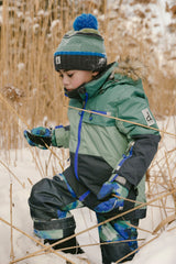 Two Piece Play Snowsuit Green And Navy Colorblock With Blue Camouflage Pants-2