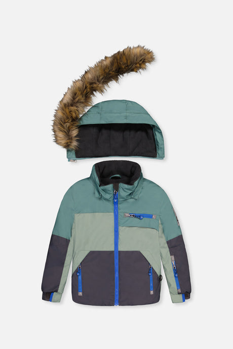 Deux par Deux green and navy colorblock PLAY jacket, front view with faux-fur hood detached