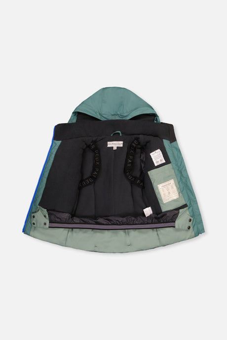 Deux par Deux green and navy PLAY jacket opened to show the black lining and inner straps