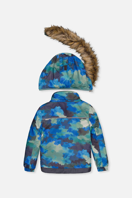 Deux par Deux boys' PLAY snowsuit, blue camouflage jacket with green pants, alternate view