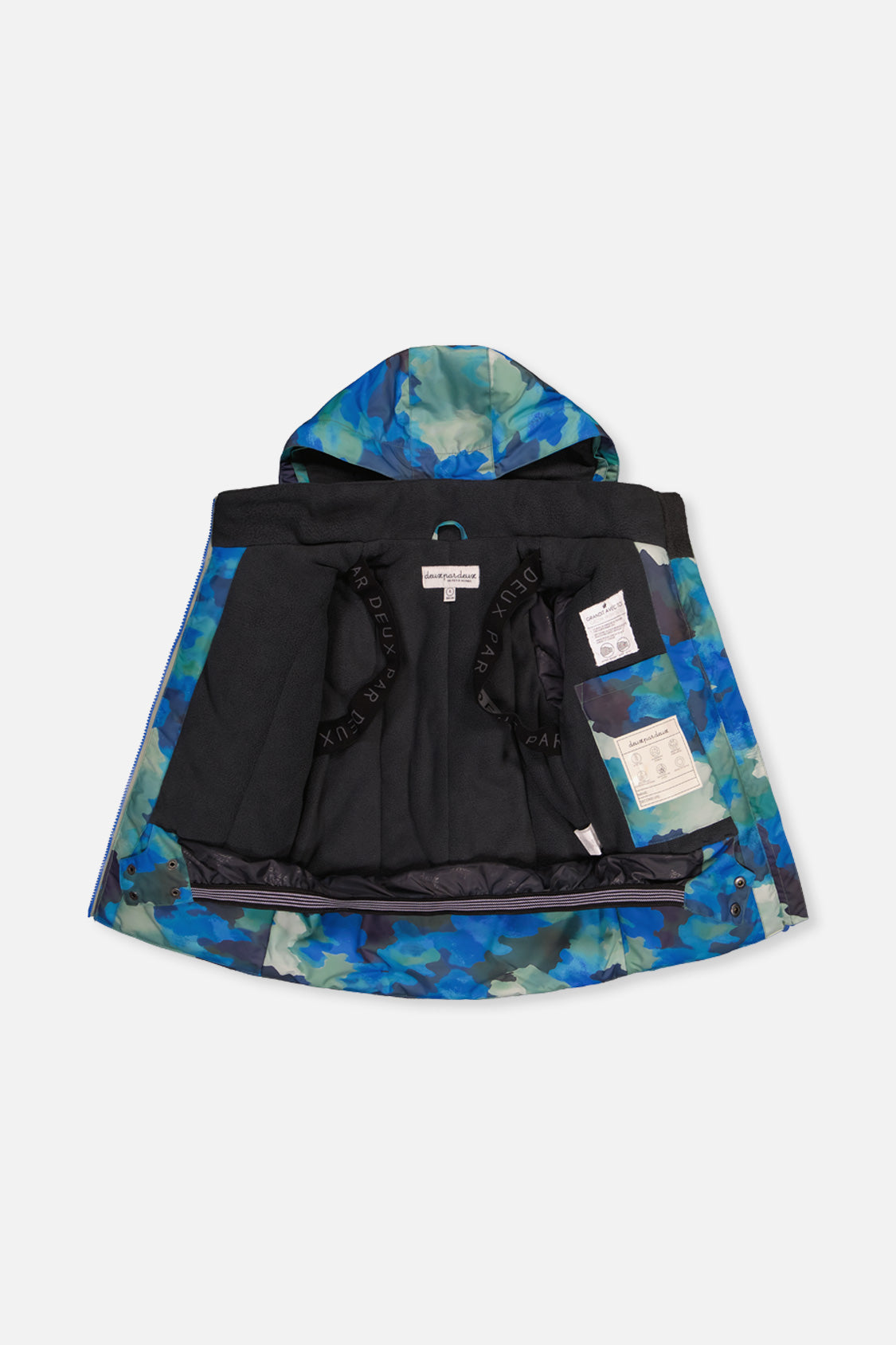 Deux par Deux blue camouflage PLAY jacket opened to show the black lining and inside straps