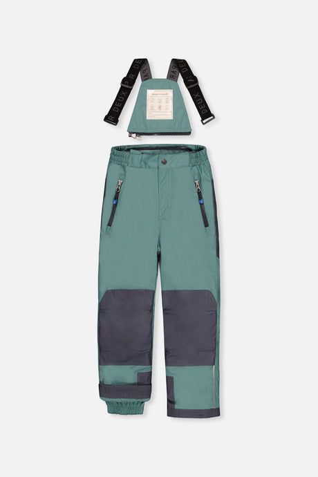 Deux par Deux boys' PLAY snowsuit, blue camouflage jacket with green pants, another studio view
