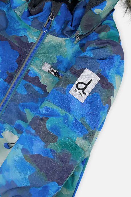 Deux par Deux boys' PLAY snowsuit, blue camouflage jacket with green pants, additional studio angle