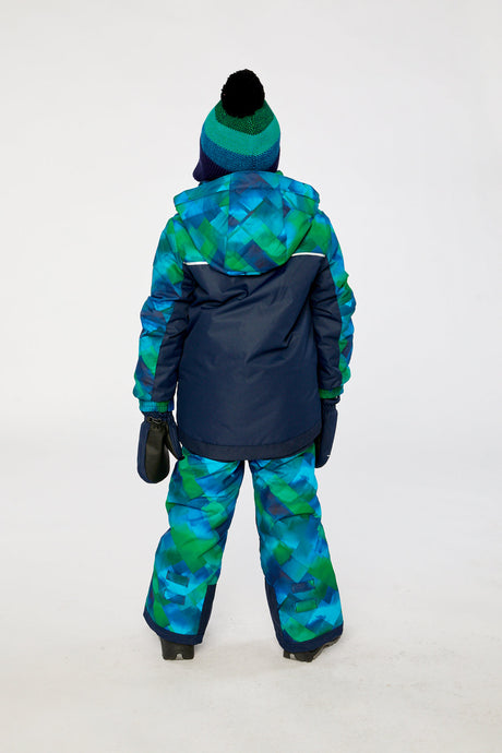 Child wearing the Deux par Deux blue and green checkered PLAY snowsuit, lookbook photo 3