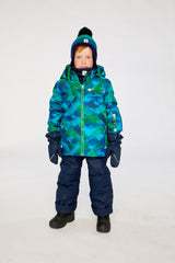 Child wearing the blue and green checkered Deux par Deux PLAY snowsuit, lookbook view 4