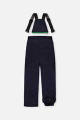 Deux par Deux navy PLAY bib snow pants with suspenders, back view